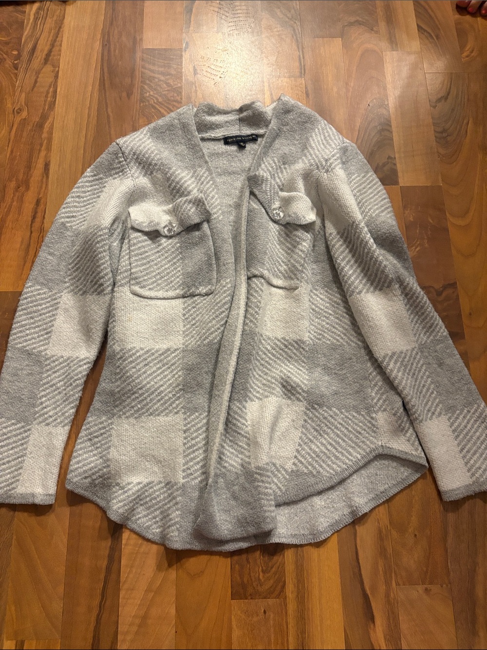 Adrienne Vittadini Grey & Cream Plaid Open Front Cardigan